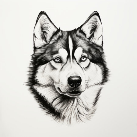 a minimalist, hand-drawn siberian husky head in profile, featuring clean black lines, gazes directly into the camera. the striking image is set against a pure white background, capturing the essence of this majestic breed. siberian husky, head, profile, minimalist, hand-drawn, black lines, camera, white background, breed. ai generatedの素材