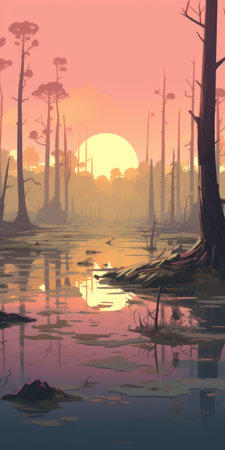 a stunning sunrise illuminates a serene swamp, showcasing the unique character design of the trees. the muted palette and flattened perspective add a distinct artistic style to this 32k uhd image. the simple yet colorful illustrations capture the essence of the woodsy surroundings, reminiscent of plein-air paintings. ai generatedの素材