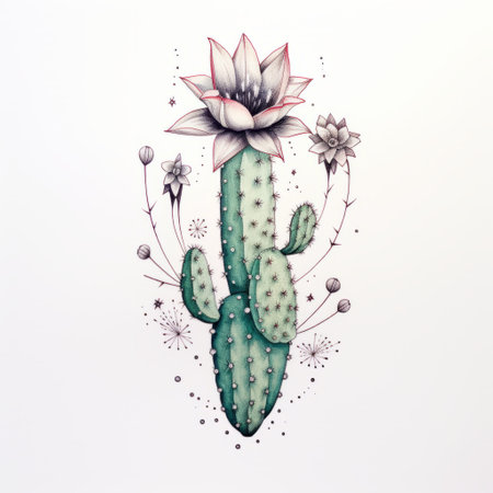a minimalist tattoo design featuring a cactus drawing of campanula poscharskyana on a white background. this tattoo idea combines the beauty of nature with a simple and clean aesthetic. perfect for those who appreciate minimalism and want a unique tattoo design. ai generatedの素材