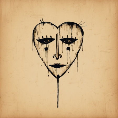 a post-impressionism minimalist style illustration featuring a dark and angry evil love, depicted with a pen mask. the artwork is predominantly in beige and black, showcasing a unique blend of artistic expression. ai generatedの素材