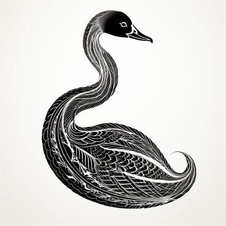 abstract silhouette image of a duck, resembling intricate engravings and hyper-realistic animal illustrations. this unique artwork showcases elements of duckcore, intricate blackwork, figura serpentinata, and victorian-inspired illustrations. the duck is depicted in light gray against a dark black background, creating a visually captivating contrast. ai generatedの素材