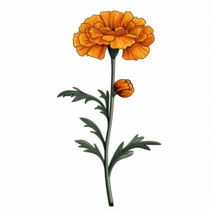 marigold flower with a long stem and a minimalist, monochrome linear design on a white background. ai generatedの素材