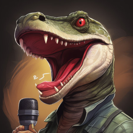 a crocodile with its mouth wide open holds a microphone in this sci-fi realism inspired portrait. the unique combination of celebrity portraits with personality, rtx technology, 2d game art, and victorian-inspired illustrations creates a visually striking image. the sharp focus and painted illustrations further enhance the overall aesthetic. ai generatedの素材