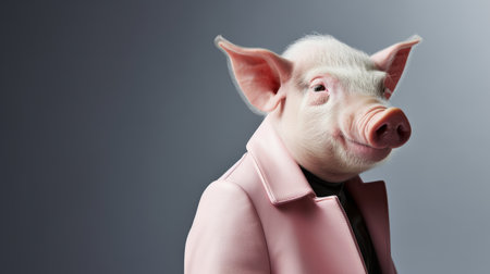 a black pig wearing a pink coat stands on top of a grey surface in this surreal fashion photography. the image showcases innovative techniques, deconstructed tailoring, and clean-lined aesthetics. with its ultra hd quality, the photograph captures the essence of petcore fashion, creating a non-representational visual experience. ai generatedの素材