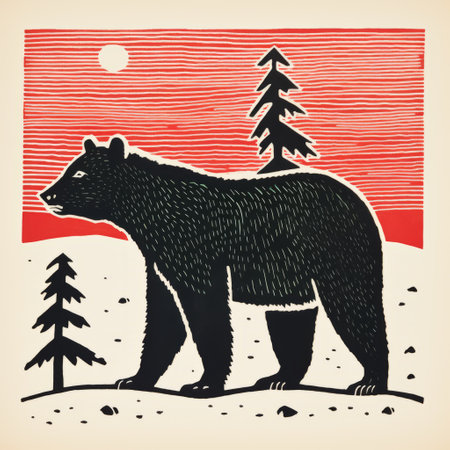 a black bear stands amidst a dense forest, enveloped by towering trees. this captivating woodcut and linocut style illustration, reminiscent of mid-century art, showcases expansive landscapes. the color palette features light red and dark green hues, adding depth to the snow-covered scenes. this historical and political illustration captures the essence of nature's beauty and the bear's majestic presence. ai generatedの素材