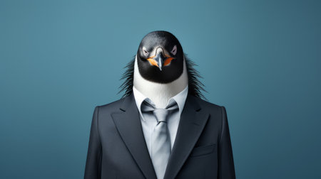 a penguin dressed in a tie and shirt, inspired by the corporate punk style of philip mckay, is captured in a matte photo. the hyperrealistic marine life depiction showcases dynamic and exaggerated facial expressions, while the bold and busy composition adds an intriguing touch to the image. ai generatedの素材