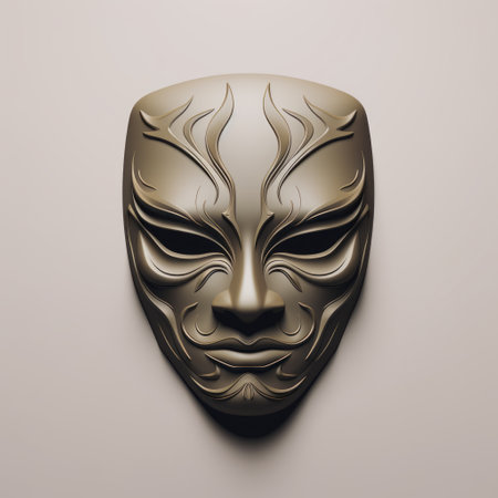 mannerism minimalist style illustration featuring a dark glass mask, exuding an aura of confusion and anger. this captivating artwork, rendered in taupe and black, showcases the intricate details of the mask, creating a visually striking and mysterious composition. ai generatedの素材
