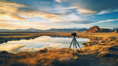 a tripod set for photography in the stunning desert landscape of utah. this set is perfect for capturing mesmerizing reflections and mirroring effects. it is ideal for time-lapse photography and film, with options for a soft focus lens, thermal camera, and rangefinder lens. the classical landscapes of utah are beautifully showcased in this photo, taken with the provia film. ai generatedの素材