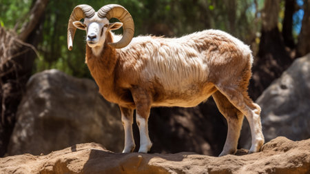a big sheep stands in an enclosure under trees, showcasing a striking combination of light beige and dark amber tones. the image captures bold colorism and organic formations, while the sheep's strong facial expression adds to its visual impact. the composition is characterized by balanced asymmetry, making it visually engaging. this photo is available under the creative commons attribution license and features bold colors andの素材
