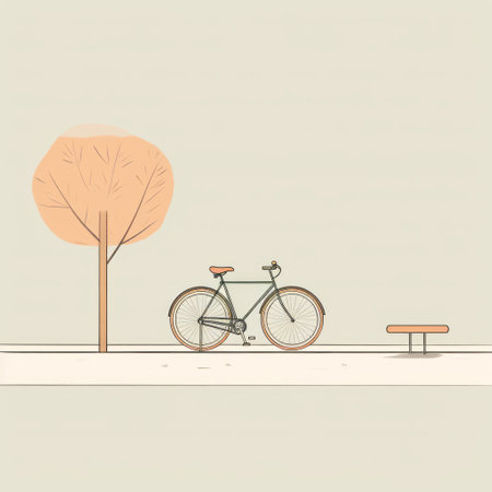 a minimalist-style illustration of a bicycle in a park, positioned near a bench and tree. the artwork features light orange and light brown colors, with minimal lines and backgrounds. the design showcases strong linear elements and muted hues, reminiscent of industrial and product design. ai generatedの素材