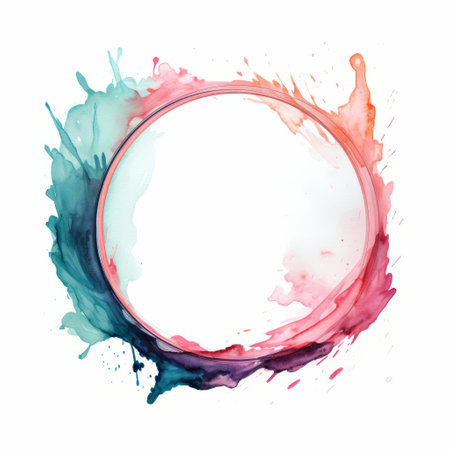 a watercolor circle splatter with vibrant watercolor paint, reminiscent of the colorful moebius style. the artwork features a combination of light red and dark cyan hues, showcasing an elegant use of negative space and framing. the teal and magenta tones add a captivating touch, while the flowing brushwork creates a unique composition. ai generatedの素材