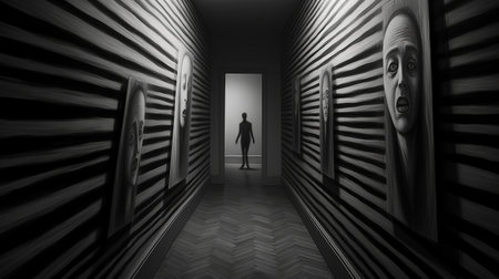 a photo of a hall with shadows cast over it by dan david eugene odenwald. this surreal portrait, created in the style of monochromatic op art, is rendered in unreal engine. the striped painting depicts mysterious nocturnal scenes in black and gray, evoking thought-provoking emotions. ai generatedの素材