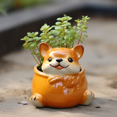 corgi ceramic statue, a charming home and garden decor piece in light orange and light green. this gift pot adds a playful touch to any space with its sharp, prickly textures. captured with a nikon d750, this photo showcases the indian pop culture-inspired design in light yellow and dark brown. creative commons attribution. ai generatedの素材