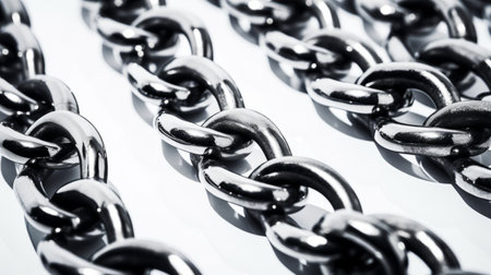 a chain is displayed at an angle, showcasing its chrome-plated, high contrast design. the contrasting backgrounds of light gray and black add depth to the image. this photo serves as a consumer culture critique, symbolizing the interconnectedness and dominance of materialism. the majestic ports in the background further emphasize the impact of consumerism. perfect for websites seeking thought-provoking visuals. ai generatedの素材