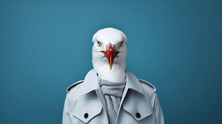 a person wearing a jacket stands against a vibrant blue background in this surreal portrait. the image showcases minimal retouching and draws inspiration from pigeoncore, andreas franke, and carl kleiner. the subject's strong facial expression adds to the overall impact, while the presence of exotic birds adds an intriguing element to the composition. ai generatedの素材