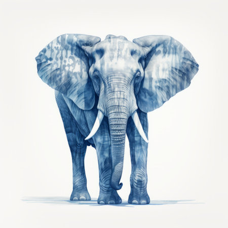 watercolor elephant illustration by jonathan wolstenholme, featuring a monochromatic graphic design style. the composition showcases hyperrealistic details with a blend of white and blue tones. the use of transparency and opacity adds depth to the artwork, creating a visually captivating illustration reminiscent of cross-processing techniques. ai generatedの素材