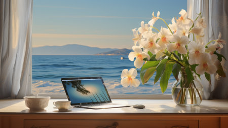 a white desktop adorned with beautiful flowers and a cup of coffee, reminiscent of romanticized seascapes. this virtual reality-inspired image captures the essence of california plein air with its detailed marine views. the ultra hd quality showcases the dark blue and light beige tones, making it a perfect addition to any website. ai generatedの素材