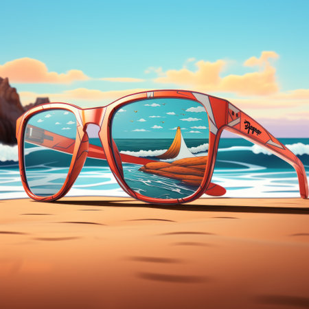a pair of sunglasses rests on the sandy beach, showcasing hyper-detailed illustrations with mesmerizing colorscapes in orange and maroon. this 8k resolution image captures the bold and cartoonish lithographs in a precisionist style. perfect for furaffinity enthusiasts seeking vibrant and eye-catching artwork. ai generatedの素材