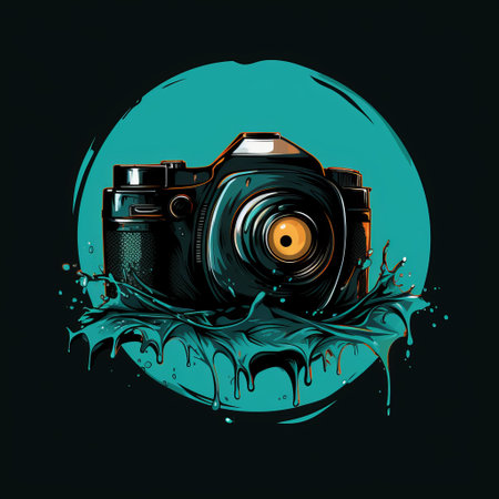 a post-impressionism minimalist style illustration featuring a camera mask in turquoise and black art, depicting a sense of contentment amidst an evil and angry dark atmosphere. ai generatedの素材