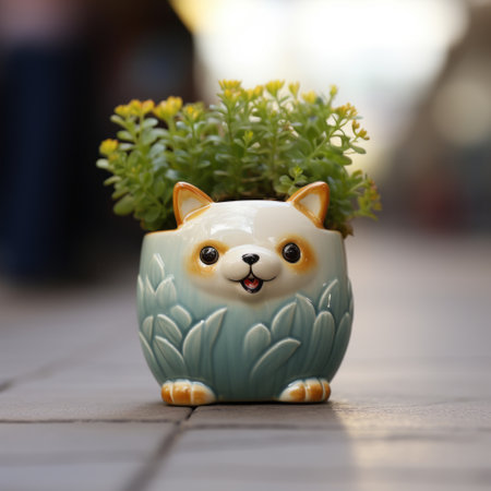 plants growing out of a small pot decorated with a mischievous feline motif. samyang af 14mm f2.8 rf lens captures the photorealistic rendering of this lively street scene. the light teal and yellow colors add vibrancy to the porcelain pot. the low depth of field creates a captivating focus on the plants. ai generatedの素材