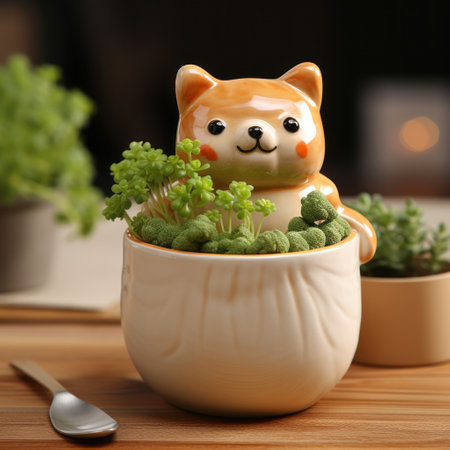 a cat crouches beside a pot filled with greenery in a traditional japanese style. rendered in cinema4d, this image showcases simplified dog figures, extravagant table settings, and lively facial expressions. the overall aesthetic is reminiscent of kimoicore, with a color palette featuring light amber and green tones. ai generatedの素材