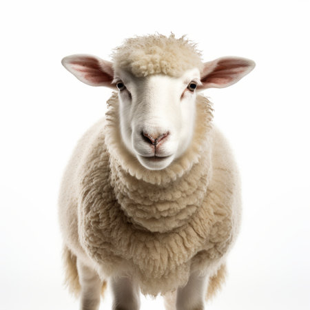 a sheep stands in a field, captured in a precisionist style with a white background and soft lighting. the portrait, created using zbrush, showcases symmetrical composition. this artwork offers a critique of consumer culture through visual puns. ai generatedの素材