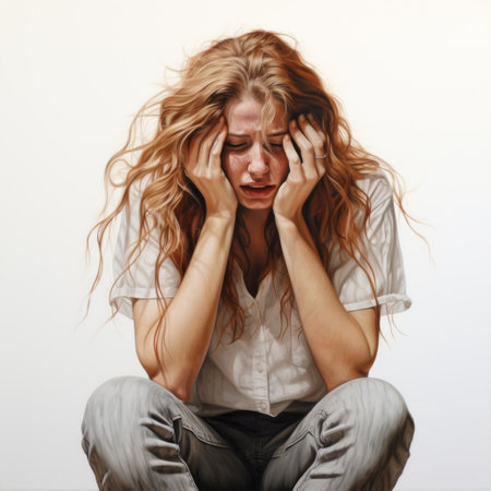 a woman with red hair and a head sitting on her shoulder is depicted in this hyper-realistic oil painting. the portrait is isolated on a white background, showcasing the artist's skill in creating emotionally charged and detailed character illustrations. the style of the artwork resembles frayed and slumped-draped hyperrealistic murals, evoking a sense of emotional sensitivity. ai generatedの素材