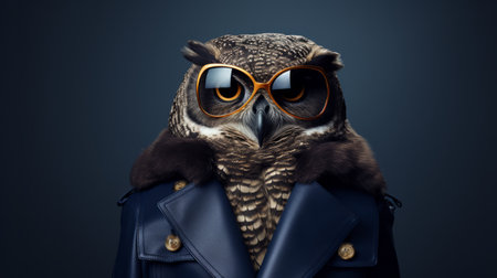 an owl, dressed as a lawyer, confidently dons sunglasses in this bold fashion photography. the hyper-realistic bird studies capture the intricate details of its dark navy and light amber feathers. this contemporary modernist-type photograph, shot in 8k resolution, showcases the owl's elegance. softbox lighting enhances the exotic bird's features, creating a captivating visual experience. ai generatedの素材