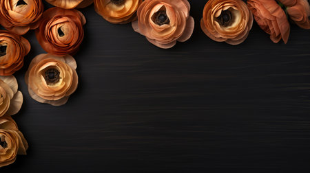 orange and yellow flowers bloom against a dark background, creating a striking contrast. the dark black and bronze tones add a rustic touch to the image, while the varying wood grains enhance its minimalist aesthetic. the contemporary diy vibe is complemented by decorative borders, and the low depth of field adds depth and visual interest. ai generatedの素材