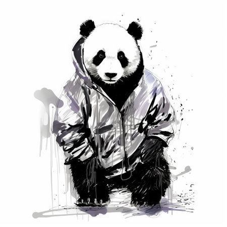 a panda jacket, featuring a vector design digital art print of two pandas facing each other, is showcased in this ink-washed style. the uhd image captures the details of the design, set against a clean white background. the gritty urban scenes and loose paint application add a unique touch to this fashion illustration, making it a captivating piece of art. ai generatedの素材