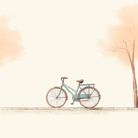 a bicycle parked on a street, featuring a realistic landscape with soft, tonal colors. the image showcases a cartoonish simplicity with light brown and aquamarine hues. the smokey background adds depth, while the sparse backgrounds create a minimalistic and romantic landscape in this soft and artistic drawing. ai generatedの素材