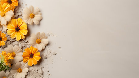 a bright array of flowers with dust scattering around, captured in a top view perspective. the photo showcases a minimalistic composition in the style of beige and amber, resembling a kitchen still life. the sculpted, serene faces of the flowers stand out against the sparse background, creating an eco-friendly and crafted aesthetic. ai generatedの素材