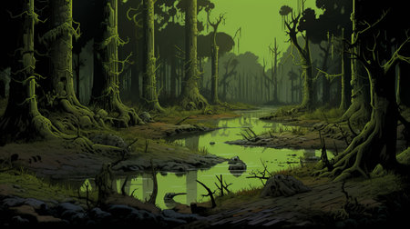 a swamp at night is depicted in this artwork by asaf hanuka, known for his emphasis on character design. the image showcases a unique style with a combination of light green and black tones. created in the 2d game art format, the artwork features heavy use of palette knives, resulting in a hyper-detailed composition. ai generatedの素材