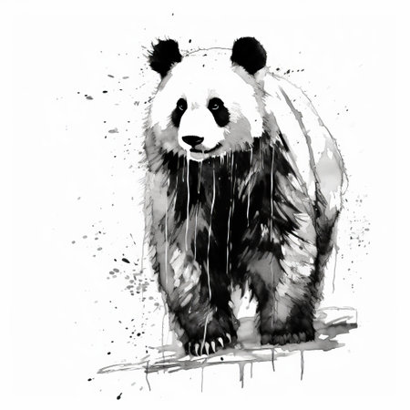 a panda bear drawing illustration for a poster featuring textured splashes, black and white realism, and the artistic style of chinese watercolor. the illustration captures the explosive wildlife and raw character of the panda bear, with a loose and fluid artistic approach. ai generatedの素材