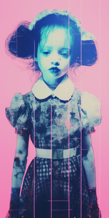 a girl with big eyes is captured in an abstracted and manipulated photograph by yoshitoshi abe. the dark cyan and light cyan tones create a macabre atmosphere, reminiscent of keith carter's style. the distorted bodies add to the eerie dollcore aesthetic of the image. ai generatedの素材