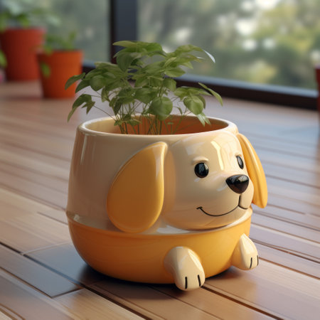 a yellow cup with a white shaped dog inside, rendered using vray tracing techniques. the cup is highly detailed, featuring cute and colorful foliage in the background. this artwork, created by basil gogos, showcases the skillful use of common materials, with a color palette dominated by light red and light green. captured using a minolta srt-101 camera. ai generatedの素材