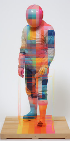 colored blocks arranged in a grid pattern create a visually striking image. this double exposure photograph showcases the reinterpreted human form, with ultrafine detail and transparent/translucent medium. the full body shots capture individuals wearing vibrant and colorful costumes, adding an extra layer of visual interest to the composition. ai generatedの素材