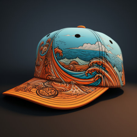 an orange hat with a wave, depicted in a realistic and hyper-detailed style, stands out in this photo. the hat's vibrant orange color complements the detailed skies and colorful woodcarvings in the background. inspired by stylistic nature scenes and the works of ray collins, this image showcases a unique combination of light brown and blue tones. ai generatedの素材