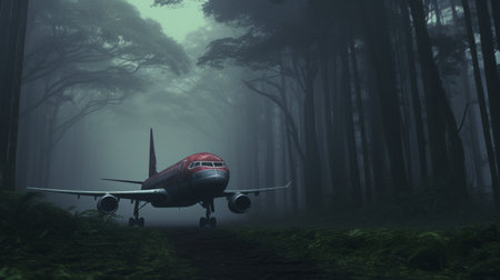a jetliner sits eerily amidst a dense forest, enveloped by towering trees. this atmospheric and moody landscape, created in the style of zbrush, showcases a blend of red and gray tones. the photo-realistic scenery captures vibrant and exaggerated scenes, evoking a sense of mystery and intrigue. located in donald pass, this image carries an undertone of creepypasta aesthetics. ai generatedの素材