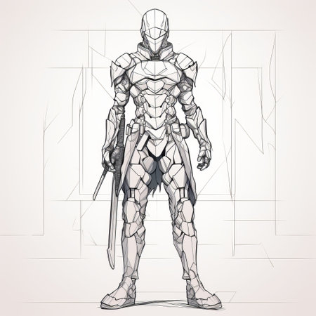 a sketch of a retro-futuristic cyberpunk metal man wielding two swords. the sketch showcases modular construction and textured surface layers, with a light white and light gray color scheme. the detailed costumes and foreshortening techniques add depth to the image, while the hard-edge style enhances the overall futuristic vibe. ai generatedの素材