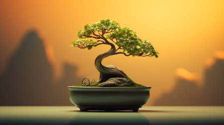 a bonsai tree on a table with scenery, featuring a light green and amber color scheme. the realistic hyper-detailed rendering showcases precisionist lines and high-contrast shading. this snailcore-inspired image exudes a humble charm and cleverly utilizes negative space. ai generatedの素材