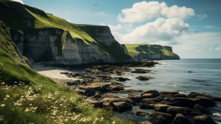a small cliff with grass and seaweed overlooks a stunning blue sea in this nostalgic rural life depiction. rendered in unreal engine 5 with the style reminiscent of british topographical art, the scene captures the beauty of nature. the use of kodak plus-x film adds a touch of vintage charm. with rtx on, the visuals are truly breathtaking. ai generatedの素材