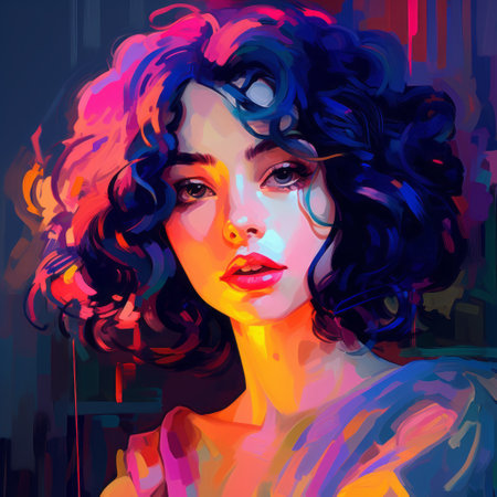 the lady in the photo showcases a striking appearance with her bright blue hair and colorful eyes. the digital painting style adds a touch of vibrancy, while the neon color palette and anime-inspired characters create a visually captivating effect. the fauvist color palette enhances the overall artistic appeal, while the realistic chiaroscuro lighting adds depth. bold lines and vibrant colors, such as dark violet andの素材