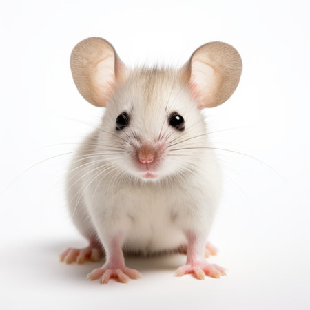 white mouse on a white background, captured in the style of irving penn. the isolated photo showcases the mouse's shiny eyes, creating a captivating image. this stunning photograph, reminiscent of lisa parker's work, was taken by dan witz and can be found on flickr. the light magenta and amber tones add a touch of warmth, making it a unique addition to miscellaneous academia. ai generatedの素材