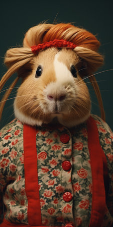 a whimsical portrait featuring a pet bunny in elegant clothing. the close-up shot captures the intricate details of the bunny's attire, showcasing the light red and dark green colors. this unique image, reminiscent of alpo jaakola's style, is taken with a rodenstock imagon 300mm f58 lens. explore the enchanting world of bunnycore in this captivating photo. ai generatedの素材