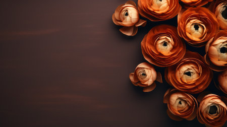 orange anemone flowers bloom vibrantly against a dark background in this abstract floral arrangement. the concept combines elements of dark bronze and brown, reminiscent of paper sculptures and varying wood grains. minimalist backgrounds enhance the traditional color scheme, while the bentwood adds a touch of elegance. this uhd image captures the intricate beauty of the flowers in stunning detail. ai generatedの素材