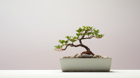 a small bonsai tree, styled in freeform minimalism, is showcased in a wooden pot. the tree is surrounded by sand and gravel, creating an asian-inspired aesthetic. this associated press photo captures the light green and gray tones of the bonsai, highlighting its realistic hyper-detail. the composition also incorporates the strong use of color and paper elements. ai generatedの素材
