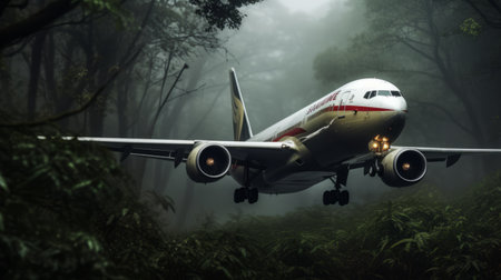 a plane gracefully soars through a dense forest, surrounded by towering trees. this hyper-realistic portrait captures the mesmerizing blend of dark red and light gold hues, creating a captivating visual experience. inspired by the artistic styles of sumatraism, kimoicore, and kuang hong, the image exudes an iconic and ethereal atmosphere, enhanced by the mystical mist that envelops the scene. ai generatedの素材
