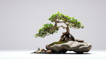 a natural bonsai tree, resembling a pot, rests gracefully on a rock in this captivating photograph. the composition showcases a harmonious blend of green and gray tones, with a striking utilization of negative space. this artful depiction, inspired by the style of tonga, beautifully intertwines various materials, including bentwood and paper, creating a visually captivating image. ai generatedの素材