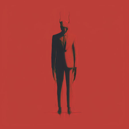 a poster featuring a man in a suit standing at attention, depicted in a hybrid creature composition style. the aggressive digital illustration showcases a minimalistic symmetry with a dominant red color scheme. the design incorporates nightmare elements, including cut-out silhouettes, creating a unique fawncore aesthetic. ai generatedの素材